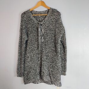 Aerie Knit Top Sweater Women's Size M Gray Confetti Chunky Cable Braided Front